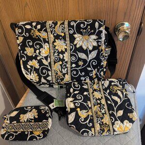 Vera Bradley Retired Print Yellow Bird Three Piece Set Messenger & Makeup Bags
